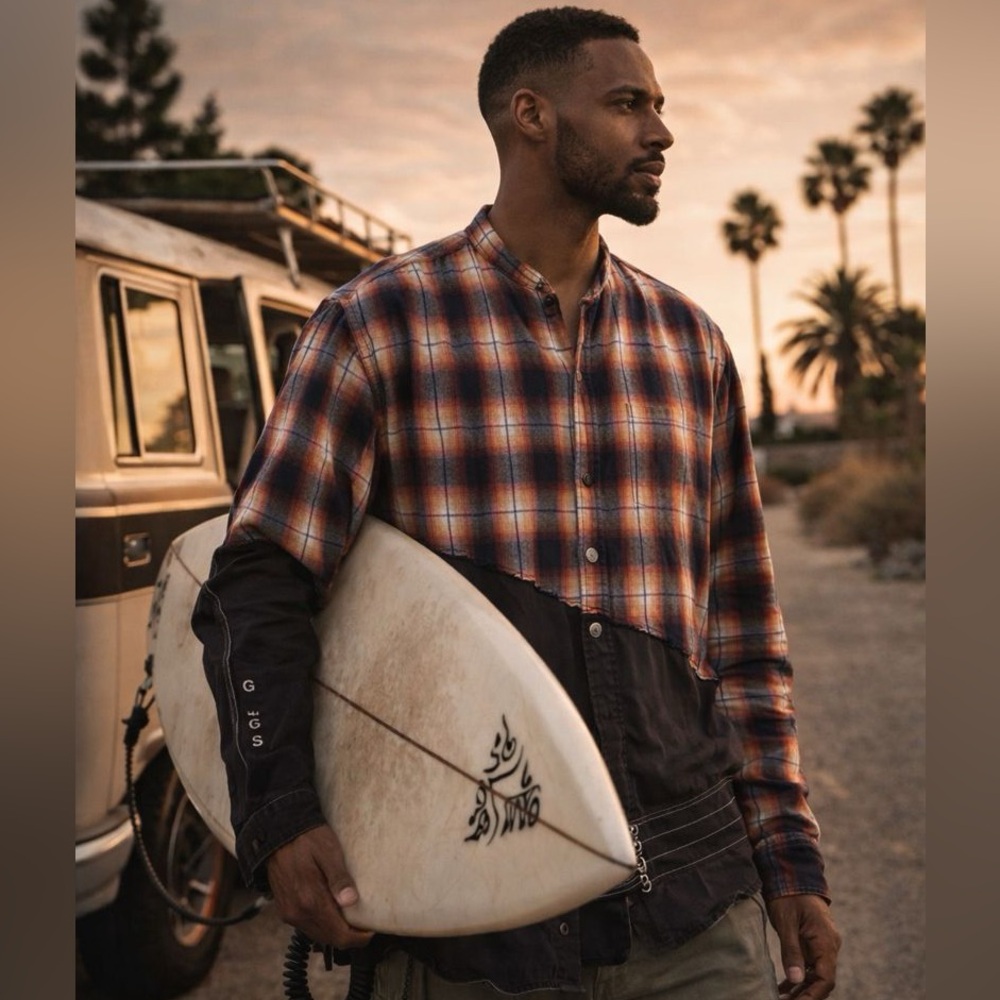 Greg Lauren - Birdwell Panelled Distressed Checked Cotton-Flannel & Nylon Shirt - Picture 2 of 15